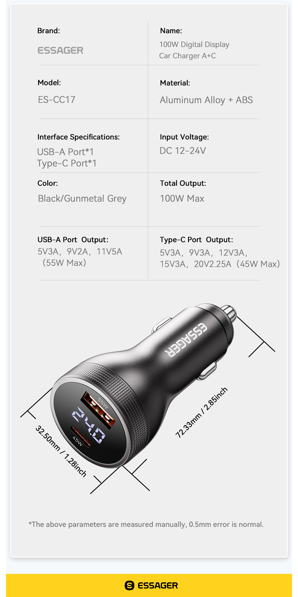 ESSAGER ES-CC17 Series 100W USB-C Car Charger USB Car Port
