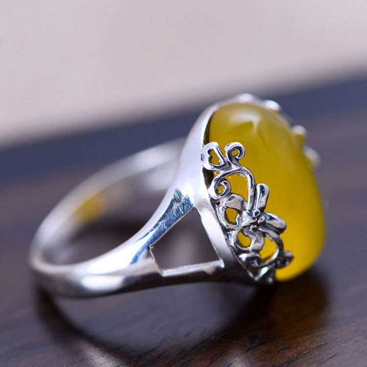 Sterling Silver Ring with Yellow Chalcedony Women Vintage Ring (XH049190W)