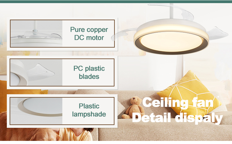 Home Hotel Office LED Ceiling Fan Retractable PC Blades and 3000K/4500K/6000K LED Light