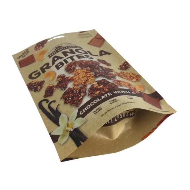 Snack Packaging Kraft Paper Pouch Zip Lock Gravnre Printing 180 Micron With Hand Hole