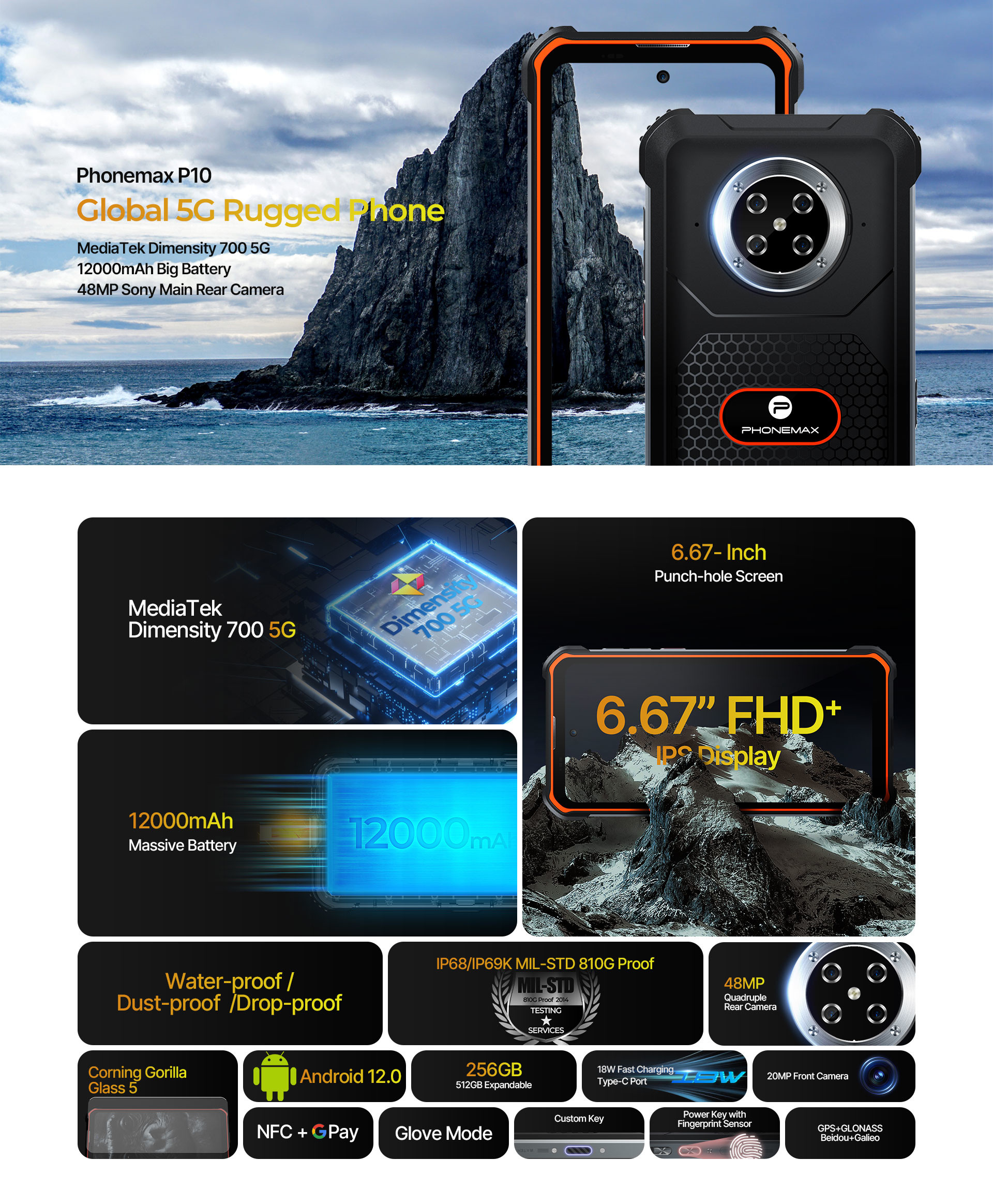 MTK6833 8 Core Tough Smartphone Rugged 5G For Farmers 12000mAh
