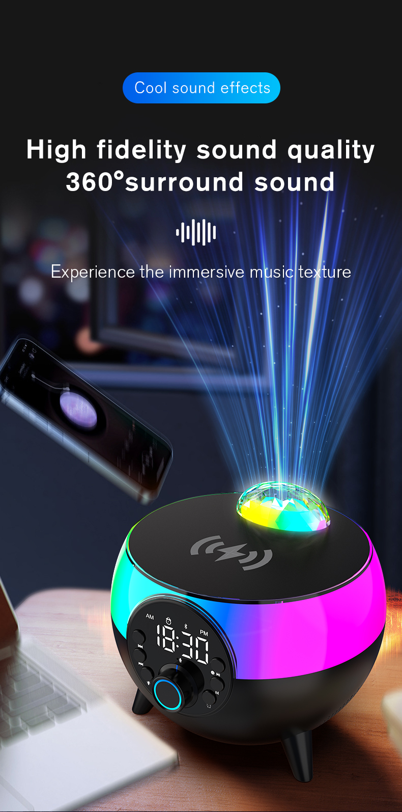 14W Bluetooth Speaker with Colorful LED Light and 2" Tweeter Size Wireless Charging