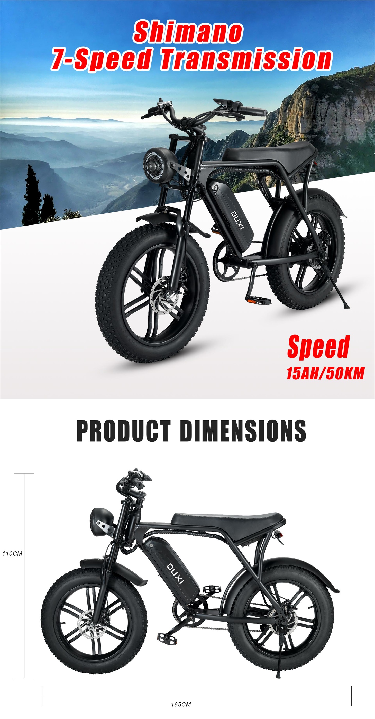 Powerful 750W V8 Motor 20 Inch Fat Tire Electric Mountain Bike With 48V 15ah Battery