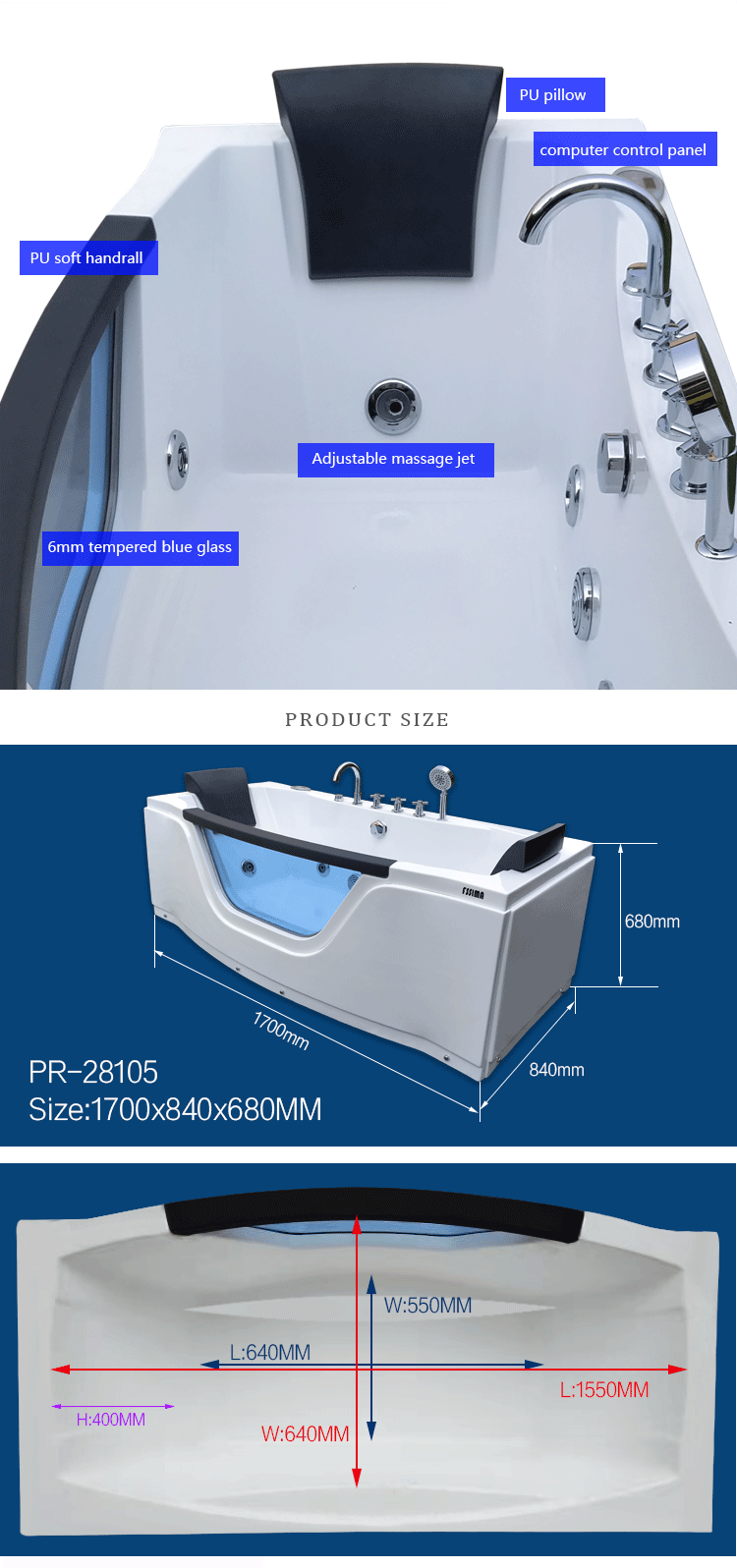 66 Inch Jet Whirlpool SPA Bathtub Two Person Led Indoor Dual Side Skirt