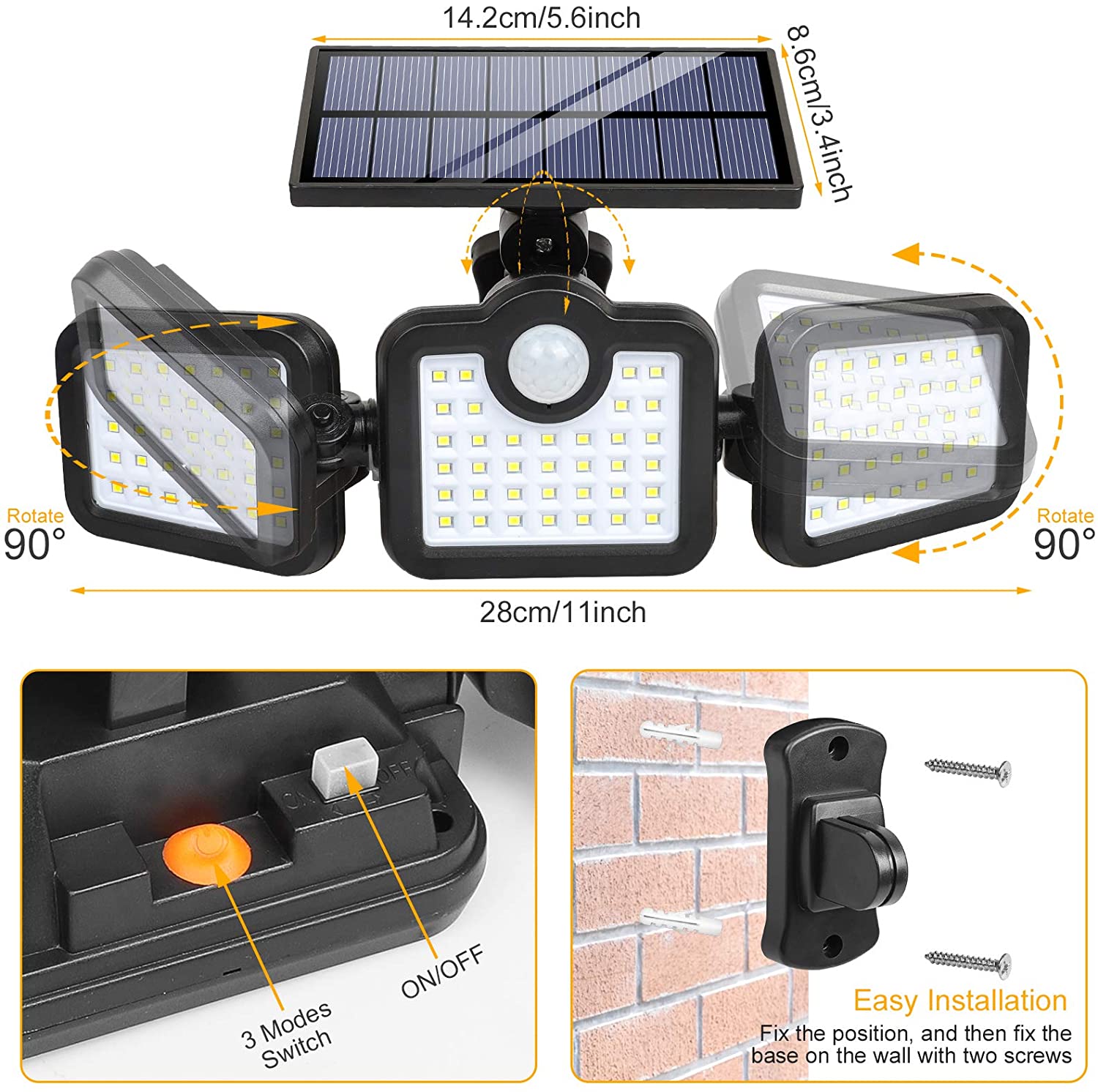 6500K 1.8W Outdoor LED Solar Lamp 270 Wide Angle 3.7V 2400mah