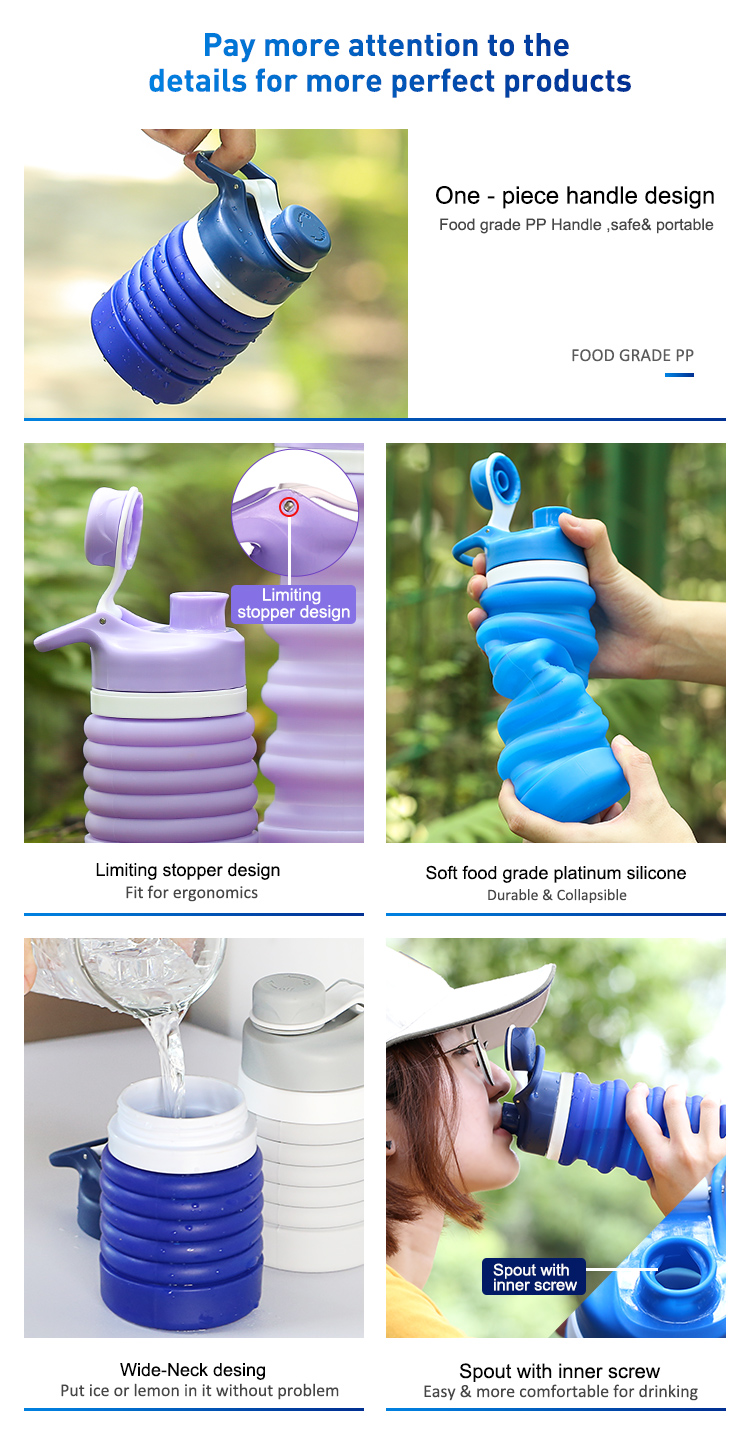 High Quality Soft Bpa Free Folding Cups Silicone Rubber Collapsible Water Bottles With Lid