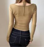 Small Batch Clothing Manufacturers Perspective Mesh Bow V - Neck Long Sleeve T -