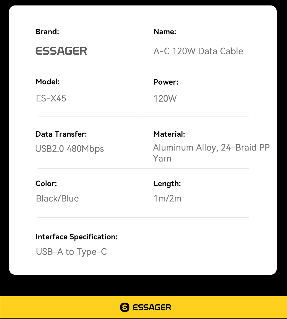 120W USB A To C Cable PP USB C Charging Cord ESSAGER ES-X45 Series