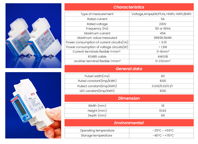 18*104.5*60 DC Connected Smart Electric Modbus Energy Meter EM115-Mod-PO 230V 5 45 A