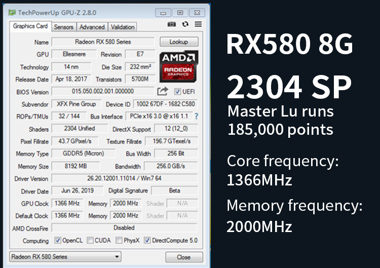 RX 580 8GB 2304 SP Miner Graphics Card 2000MHz Memory Frequency
