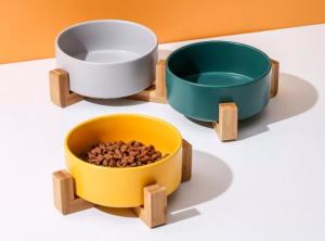 Quality Unique Ceramic Pet Feed Bowl With Wooden Stand Cat Food Drinking Bowl Dish wholesale