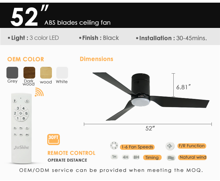 Plastic Blades 52" Smart Ceiling Fan with WiFi Music Play and Metal Lamp Body Material