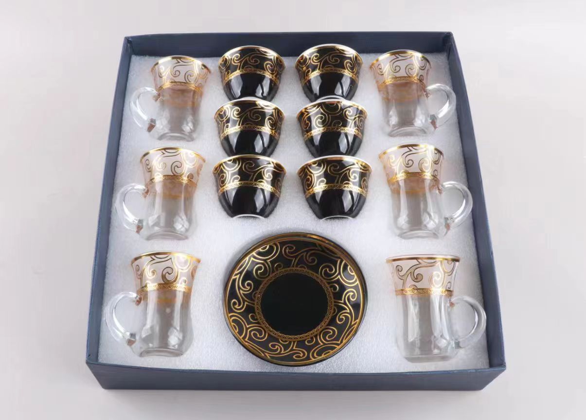 Stocked Royal Black Gold Arabian Glass Liner Carefe Porcelain Cawa Cup 1L Tea Coffee Kettle Set Dallah Pot Arabic Coffee Vacuum Flasks
