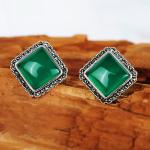 925 Silver Green Agate Marcasite Stud Earrings Thai Vintage Jewelry (E11062)