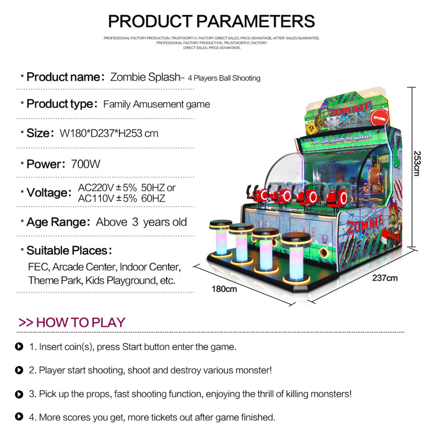 700W Ticket Redemption Game Machine Coin Op Zombie Splash - 4 Players Ball Shooting Game Arcade Machine