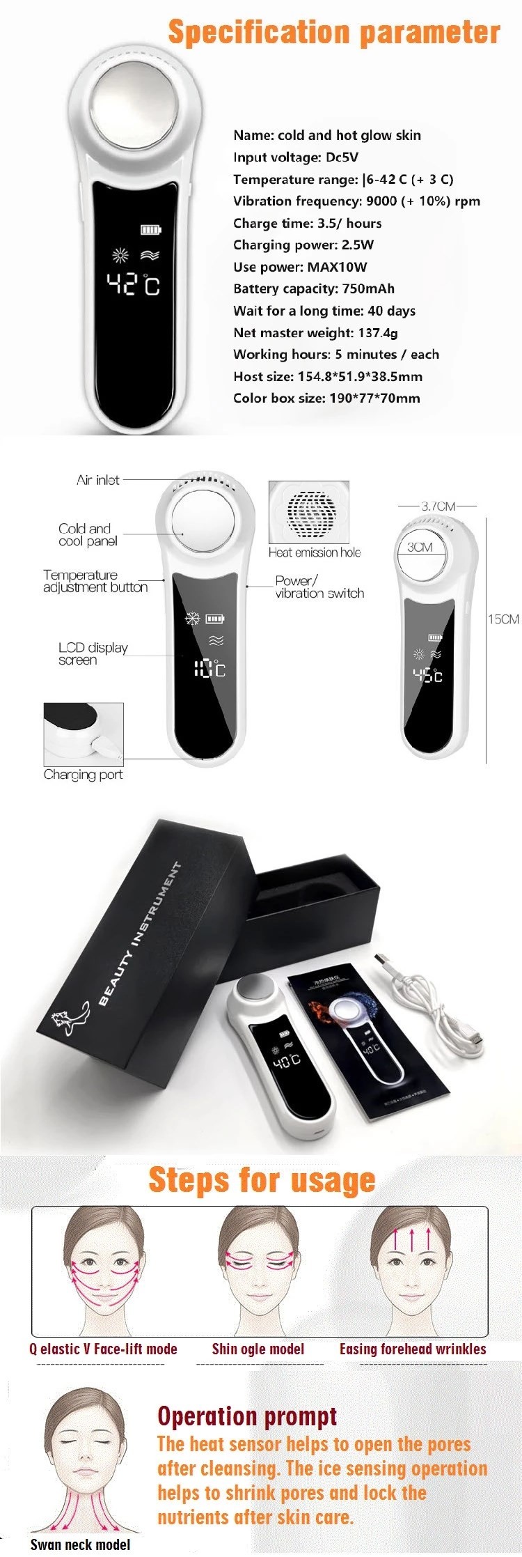 LCD Display 1000mAh Lymphatic Drainage RF EMS Beauty Instrument