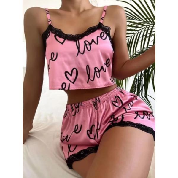 Ladies Cute Heart Print Sleepwear Leisure Wear Lingerie Shorts Pajama Sets For
