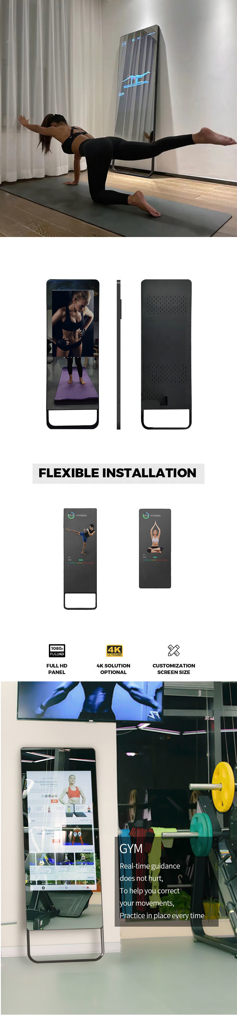 LCD Smart Touch Control Lights Up Standing Portable workout Mirror for Fitness