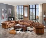 Tan Faux Leather Chesterfield Sofa With Wood Legs