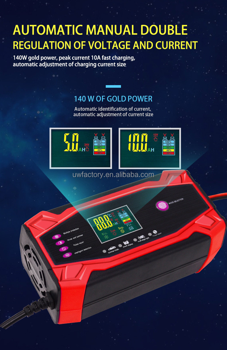 12V 6Amp Touch Screen Pulse Repair LCD Battery Charger for Car Motorcycle Lead Acid Battery Connector Current Protection