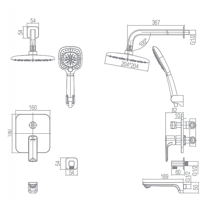 Shower Faucet Set Built-in Easy Clean Rainfall Shower Set Square Shape Bathroom Hotel Household