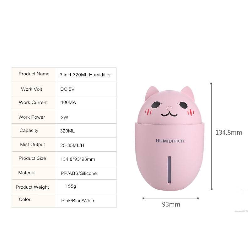3 in 1 320ML USB Air Humidifier Ultrasonic Cool-Mist Adorable Pet Mini Humidifier With LED Light Mini USB Fan
