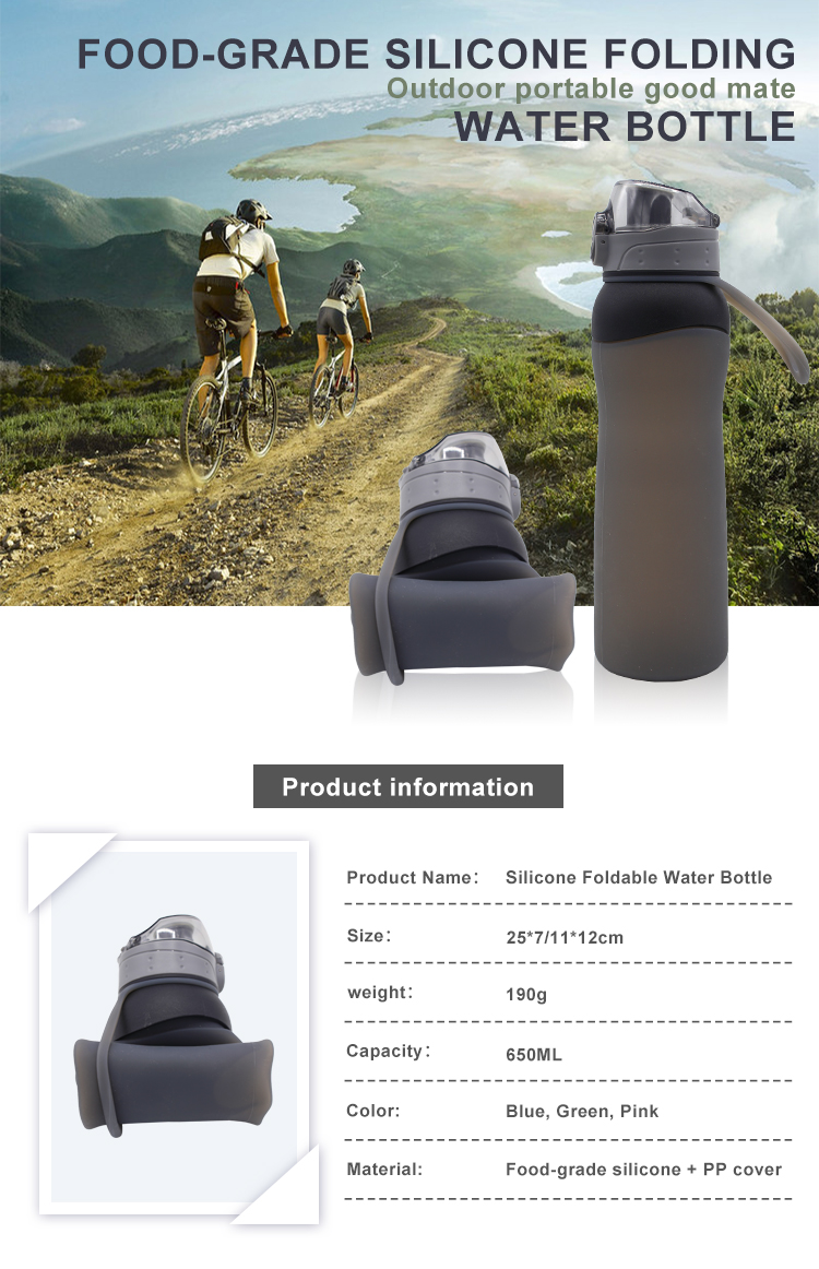 LFGB Certification Collapsible Silicone Water Bottle , 4 Cap Styles