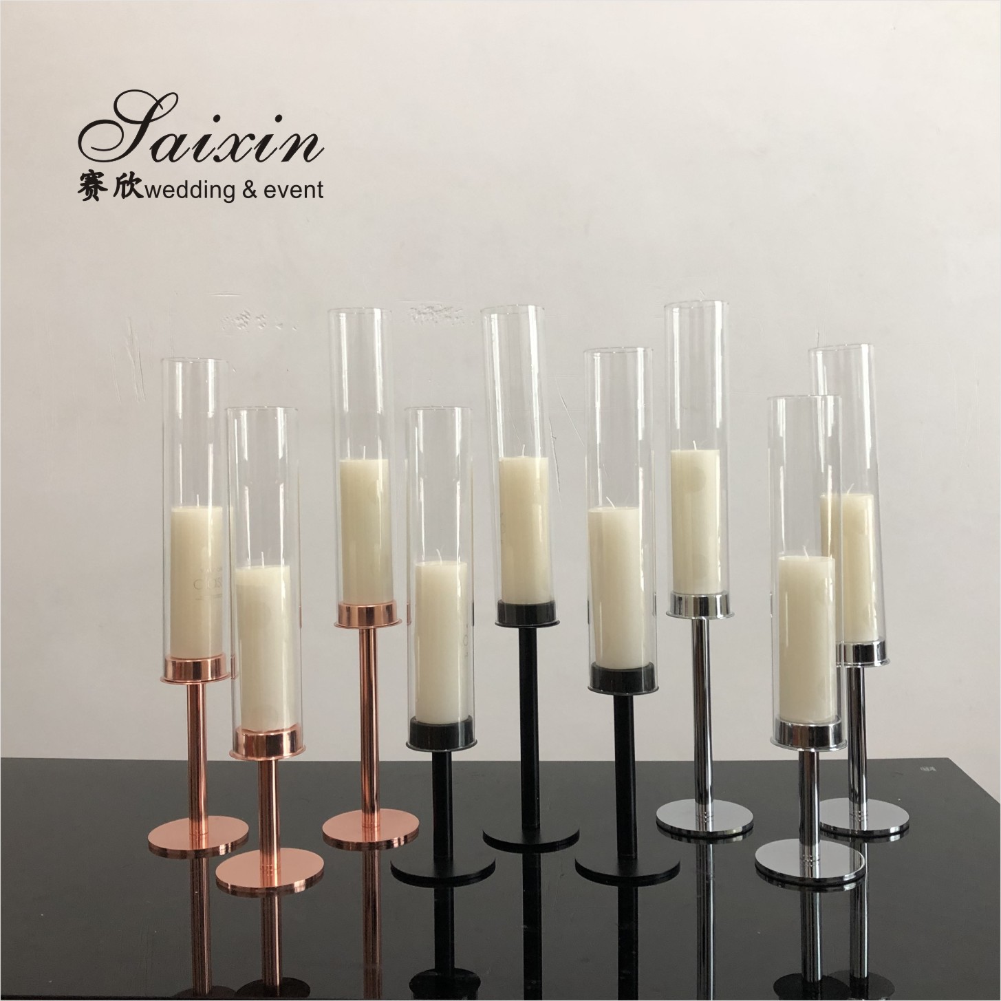 Saixin Wholesale luxury 3 pieces single crystal candle holders for wedding decor