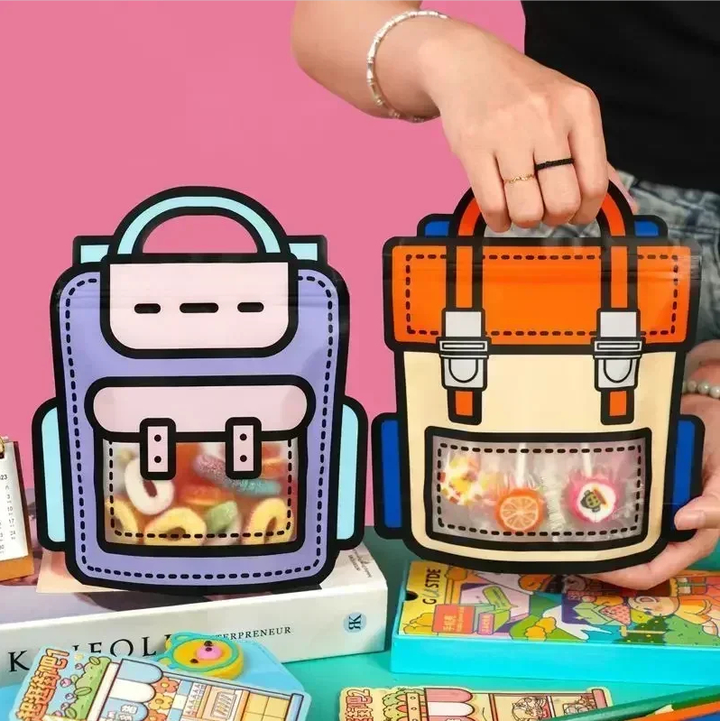 Customizable and Fun Transparent Cartoon Reusable Backpack Shaped Zipper Plastic Gift Bag