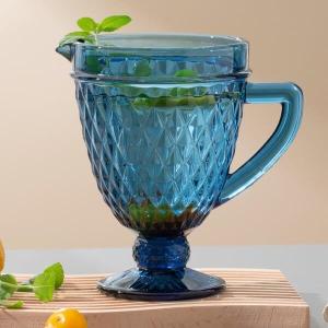 Quality Blue Lead Free Pressed Glass Pitcher 1100ml 20cm Height Water Carafe With Spout wholesale