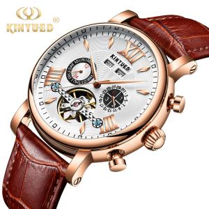 Quality KINYUED J017-1 White Dial Gold Case Leather Strap Complete Calendar Skeleton Automatic Mechanical relojes Watch wholesale
