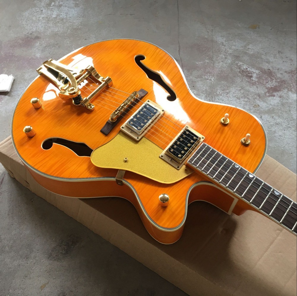 Tiger Flame jazz electric guitar.F hollow body jazz guitar. orange guitar.vibrato system.free shipping