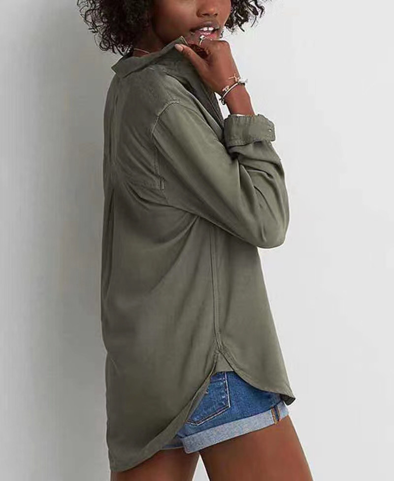 Olive 100% Tencel Ladies Long Sleeves Shirts Washed Soft Touch