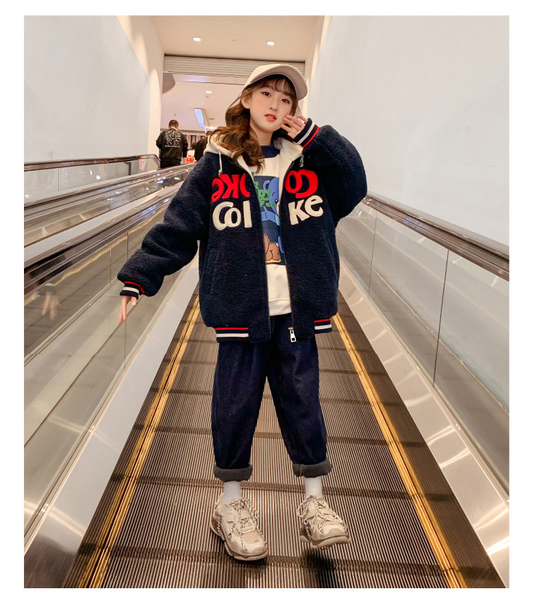 Girls extra thick coat children's clothing hooded embroidered woolen coat lamb cashmere navy blue casual thermal coat