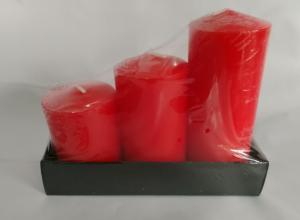Quality 3pk red pillar candle shrinked with paper tray wholesale