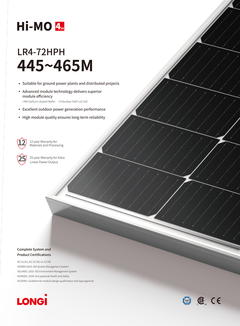 Half Cell Mono Facial Longi 450w Solar Panel Poly Crystalline 166mm Wholesale LR4-72HPH-450M
