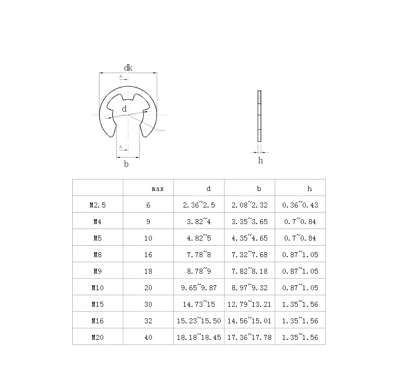 General Industry 304 Stainless Steel DIN6799 M2.3-M10 E Clip Split Washer Circlip Retaining Ring for Shaft Fastener