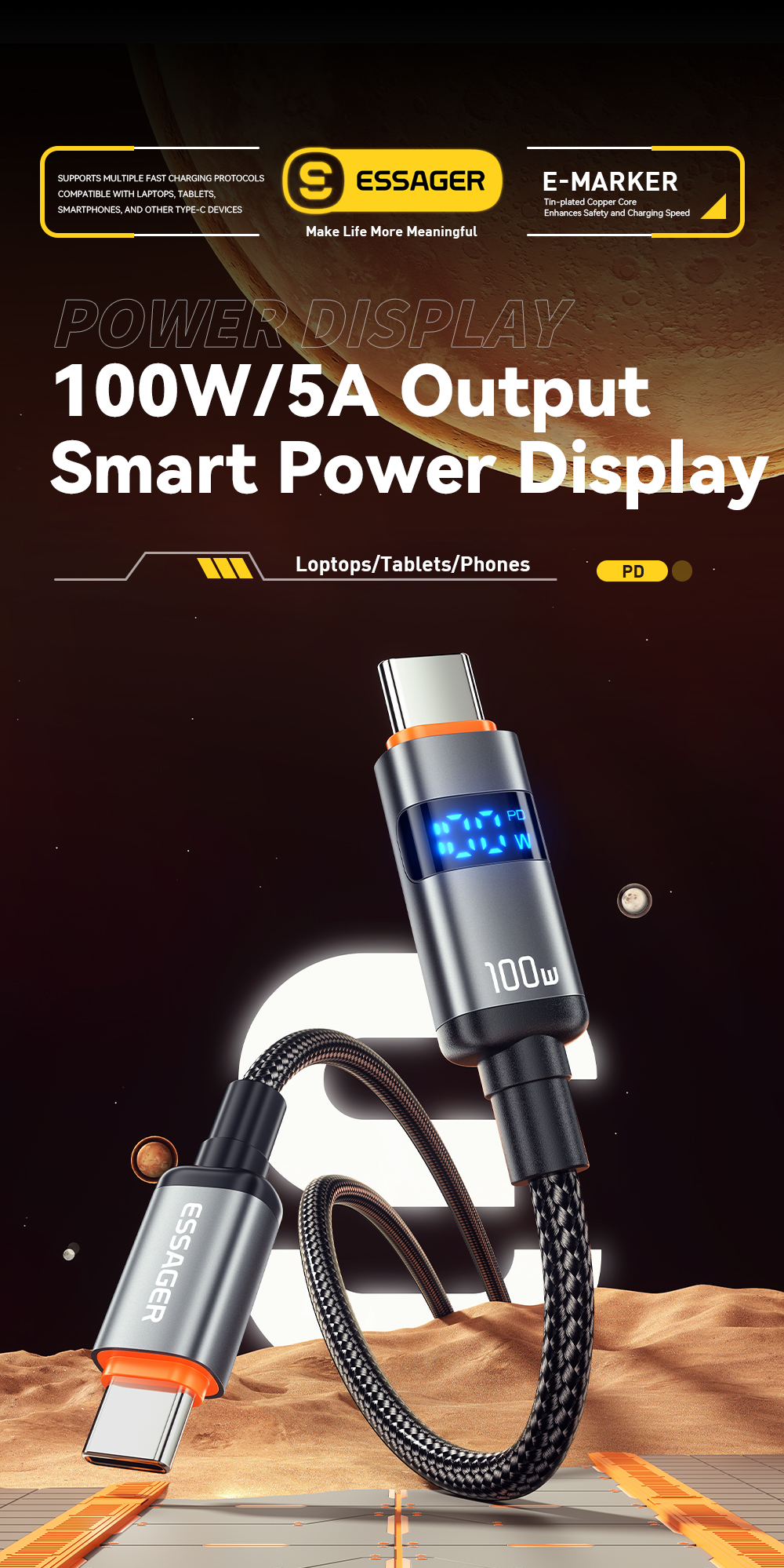 ESSAGER ES-X61 Series C-C 100W Charging Cable USB C Cable