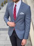 Slim Fit Business Casual Suit Jacket Plaid Blue Cotton Blazer