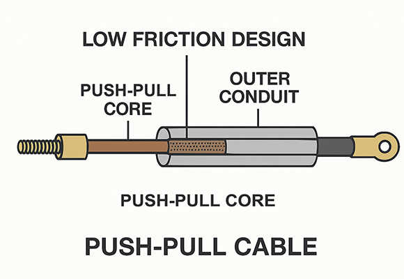 Illustration showing stainless inner cable in a push-pull actuation system.