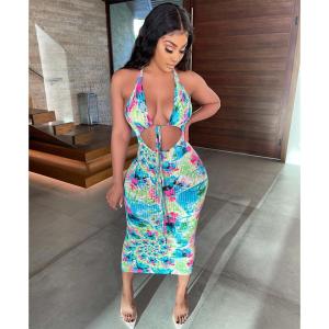 Quality Hanging Striped Print Halter Sexy Summer Beach Dress wholesale