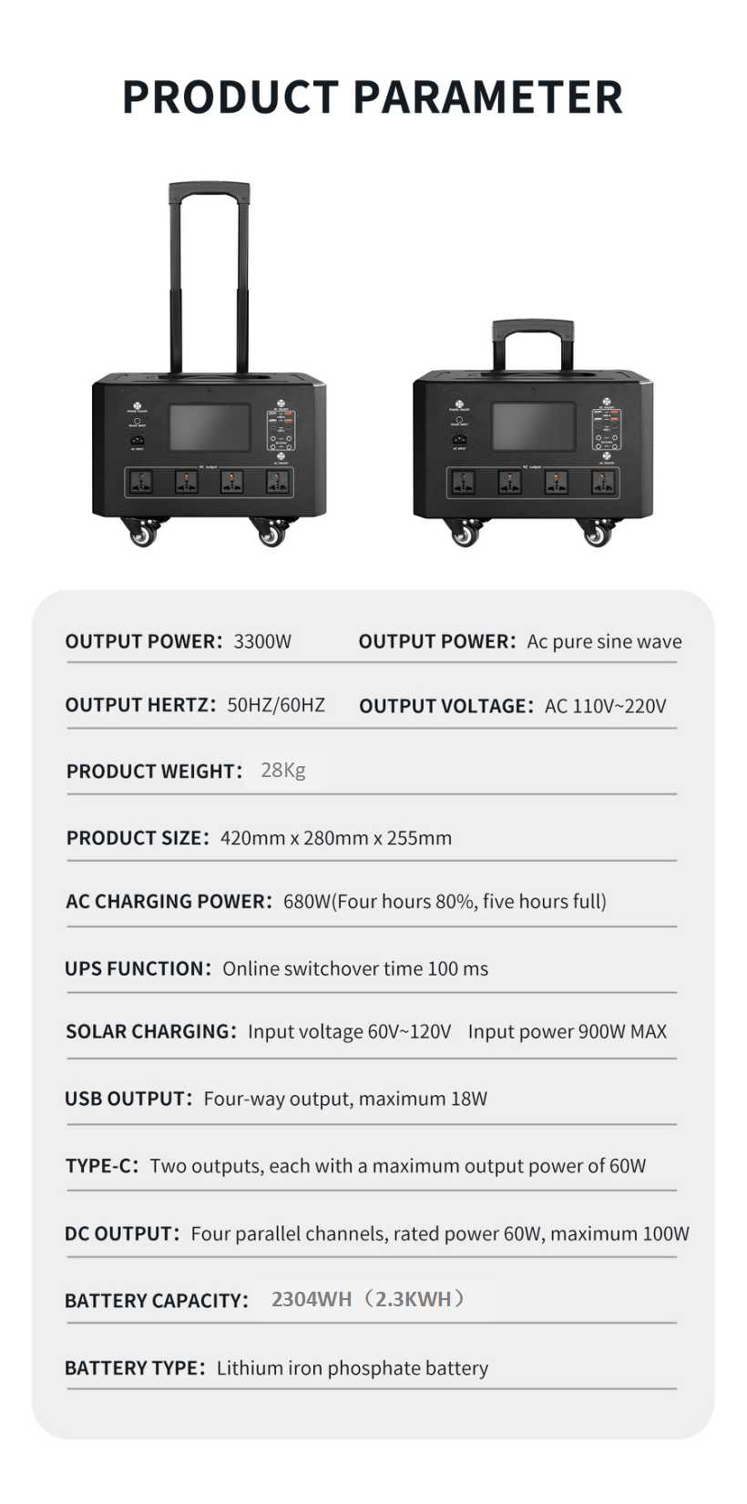 Leakage Protection Portable Solar Battery Charging Station 2.3KWH 3.3KW For Fast Charging