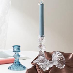 Quality Blue Depression Tapered Color Glass Candle Holder Pressed Diamond Pattern wholesale