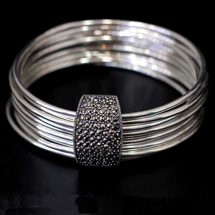 Women Nine Rows 925 Sterling Silver Marcasite Charm Bangle Bracelet(SY50013)