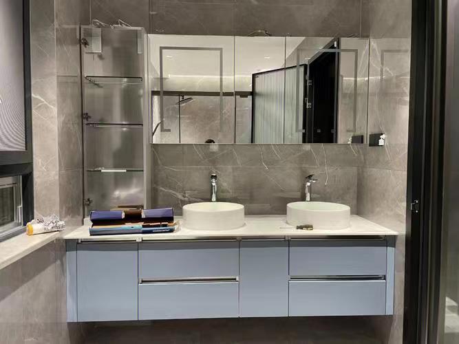 Floating Makeup Mirror Metal Frame Vanity Bathroom Cabinet Set with Handle-Free Design