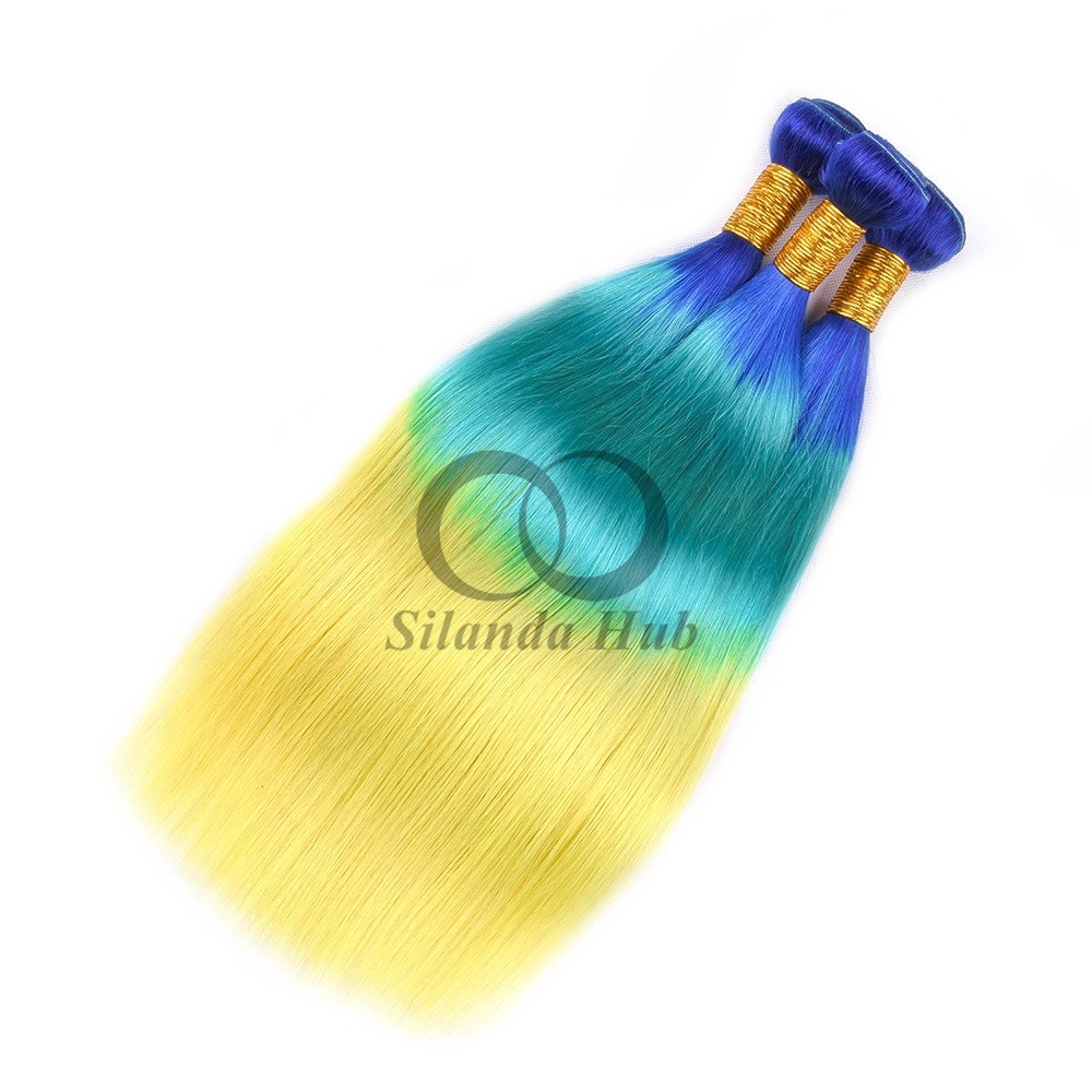 Blue/Light Blue/Yellow Straight Remy Human Hair Bundles Sew In Weave Bundles Brazilian Bundle Deals