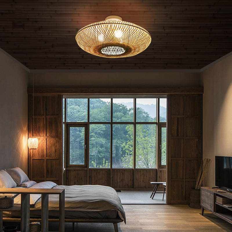 Round Bamboo Wicker Rattan Semi Flush Mount Ceiling Light(WH-WA-36)