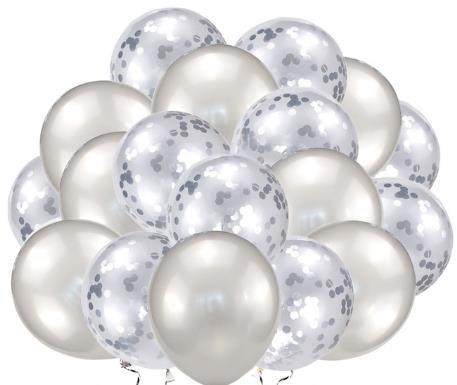 Silver Balloons + White Balloons + Confetti Balloons w/Ribbon | Rosegold
