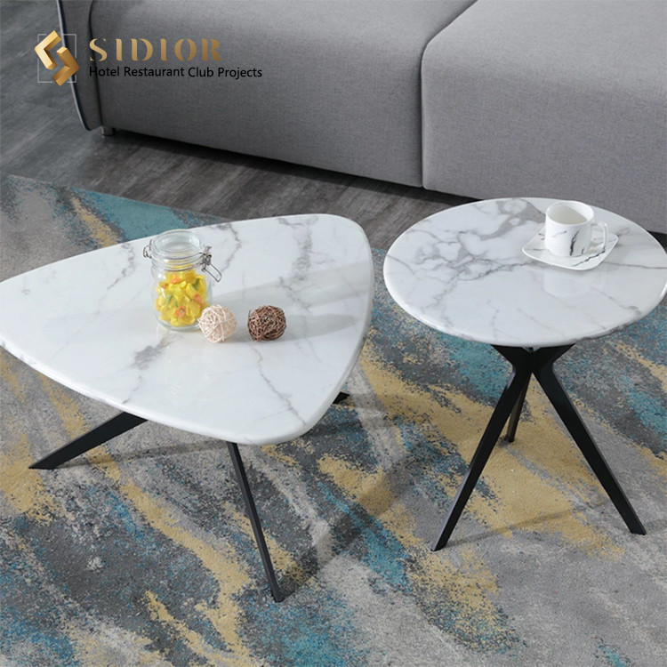 Restaurant Coffee Table, Corner Table, Center Table, Tea Table, Side Table, Natural Marble Top, Powder Coated Steel Base