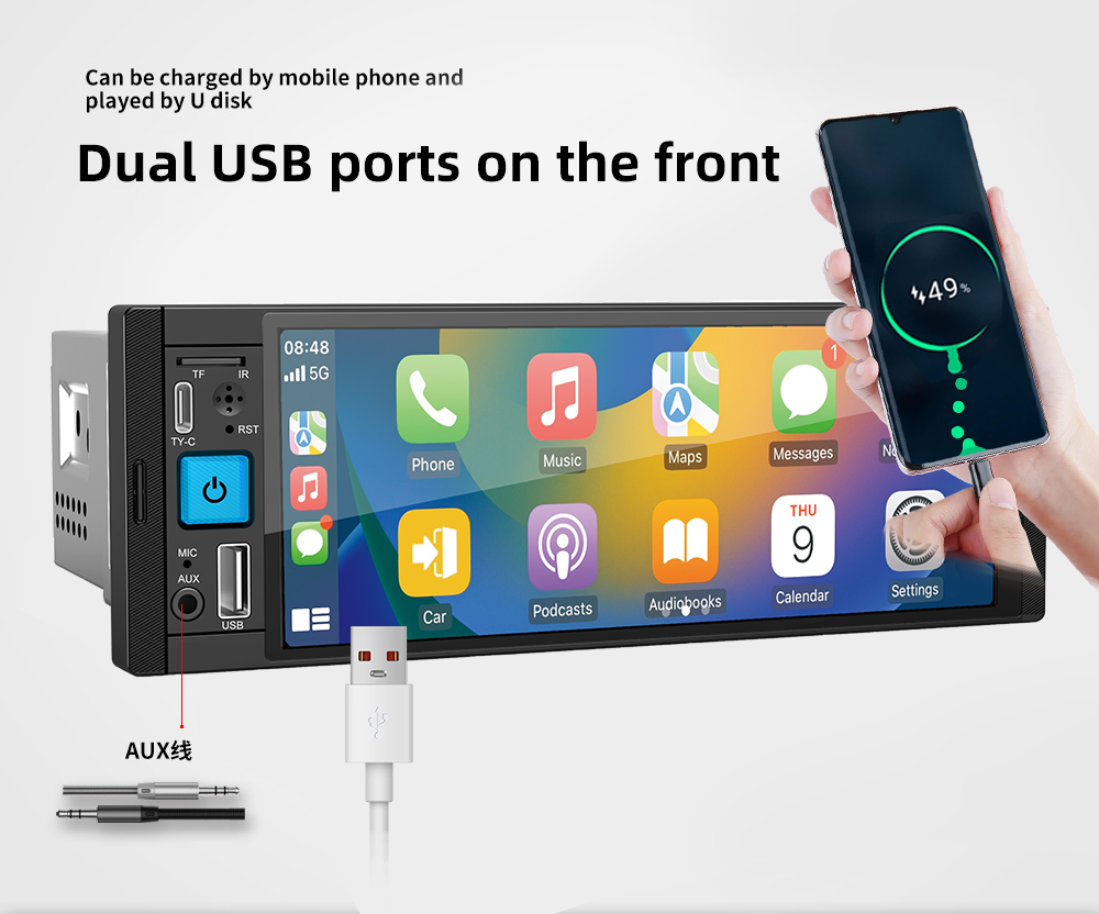 Wired CarPlay/Android Auto Wifi Bluetooth Handsfree GPS FM USB HD Touch Screen MP5 Player 1DIN 6.86 Inch Android Car Radio